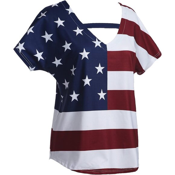 Womens V-Neck American Flag Short Sleeve Tee Plus Size Casual Tops - Picture 2 of 5